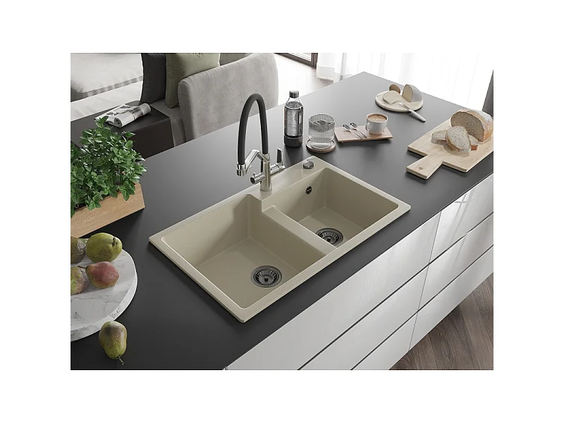 Mexen Tomas fregadero de granito de 2 compartimentos con grifo de cocina Duo, beige - 6516-69-671701-07-B
