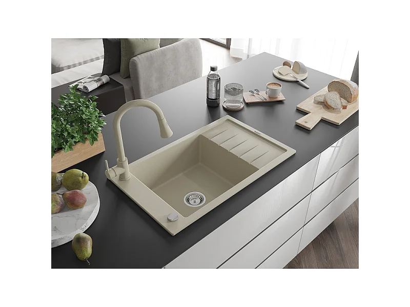 Mexen Elias fregadero de granito de 1 seno con escurridor y grifo de cocina Elia, beige - 6511-69-670101-69