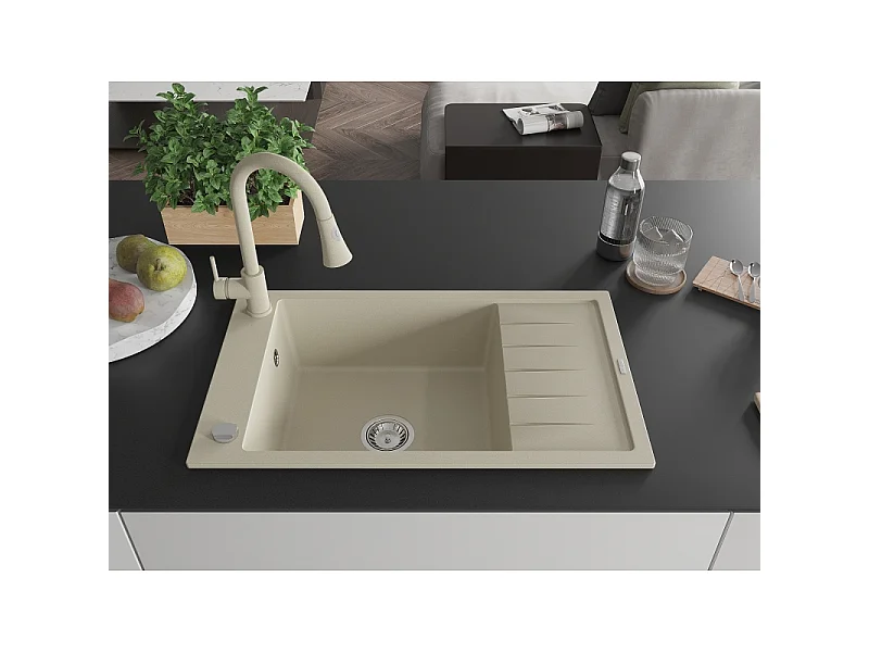 Mexen Elias fregadero de granito de 1 seno con escurridor y grifo de cocina Elia, beige - 6511-69-670101-69