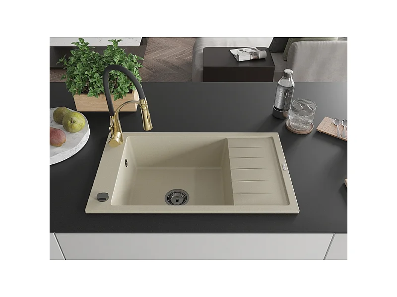 Mexen Elias fregadero de granito de 1 cubeta con escurridor y grifo de cocina Aster, beige - 6511-69-73450-57-B
