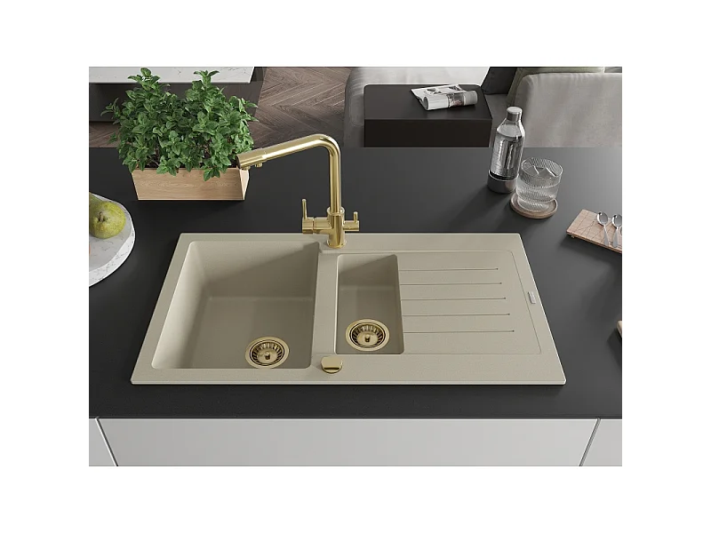 Mexen Matias évier en granit 1,5 bac avec égouttoir et robinet de cuisine Duero, beige - 6502-69-671600-50