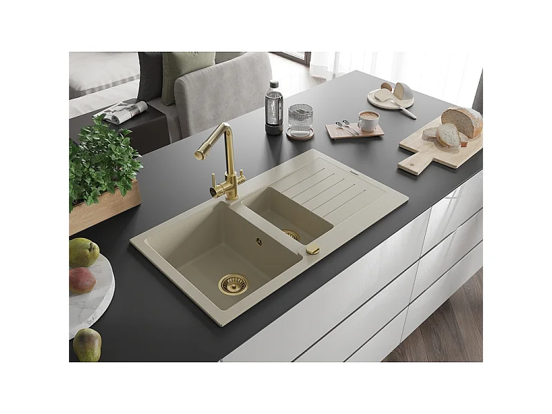 Mexen Matias évier en granit 1,5 bac avec égouttoir et robinet de cuisine Duero, beige - 6502-69-671600-50