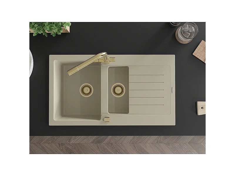 Mexen Matias évier en granit 1,5 bac avec égouttoir et robinet de cuisine Duero, beige - 6502-69-671600-50