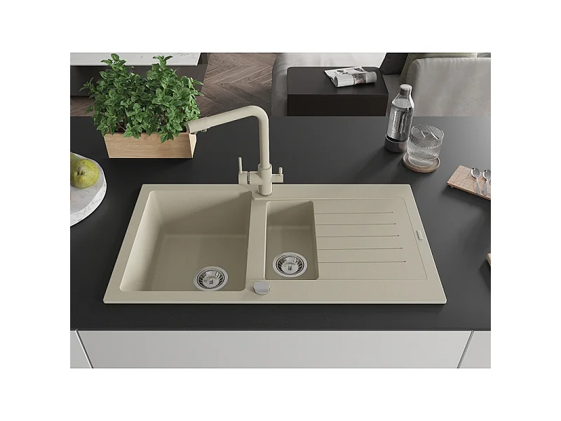 Mexen Matias évier en granit 1,5 bac avec égouttoir et robinet de cuisine Duero, beige - 6502-69-671600-69