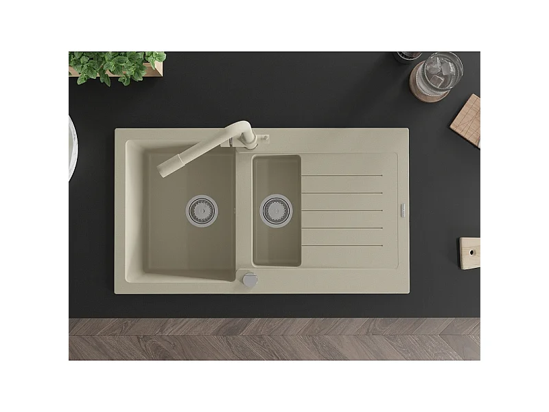 Mexen Matias évier en granit 1,5 bac avec égouttoir et robinet de cuisine Duero, beige - 6502-69-671600-69