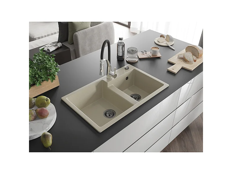 Mexen Tomas fregadero de granito de 2 compartimentos con grifo de cocina Aster, beige - 6516-69-73450-07-B