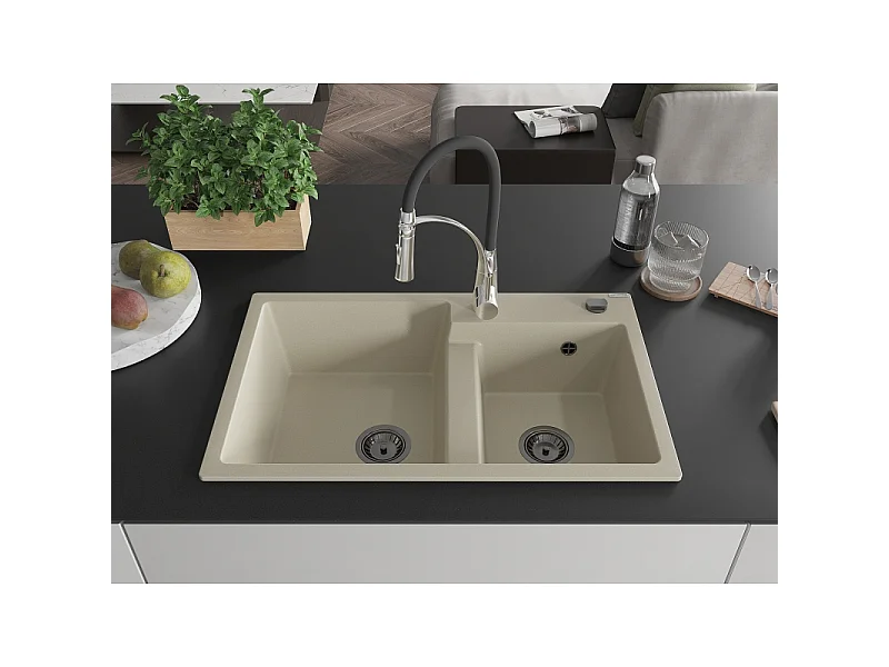 Mexen Tomas fregadero de granito de 2 compartimentos con grifo de cocina Aster, beige - 6516-69-73450-07-B