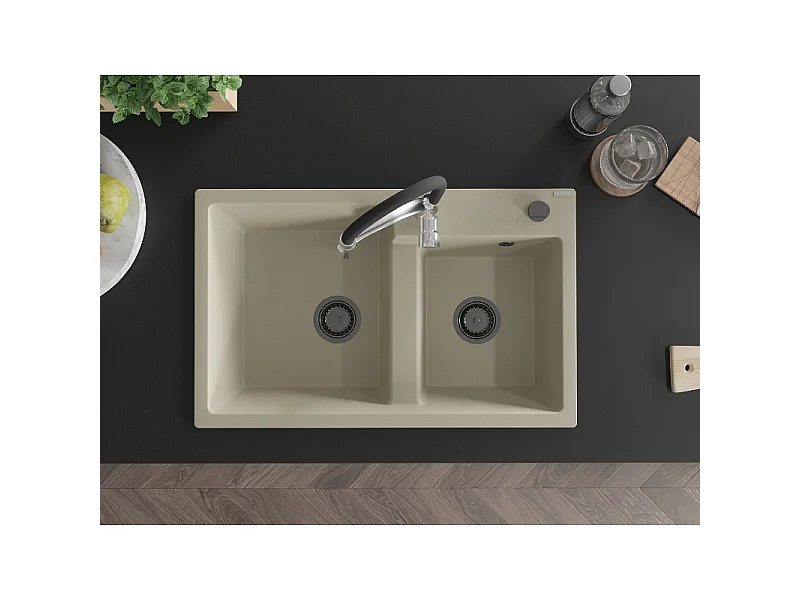 Mexen Tomas fregadero de granito de 2 compartimentos con grifo de cocina Aster, beige - 6516-69-73450-07-B