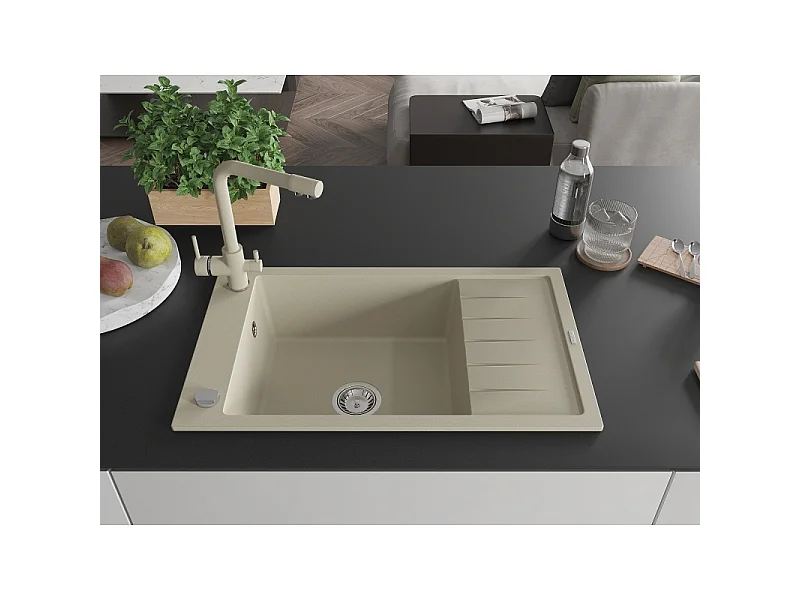 Mexen Elias fregadero de granito de 1 seno con escurreplatos y grifo de cocina Duero, beige - 6511-69-671600-69