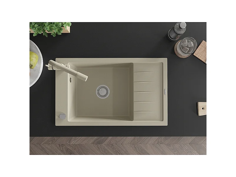 Mexen Elias fregadero de granito de 1 seno con escurreplatos y grifo de cocina Duero, beige - 6511-69-671600-69