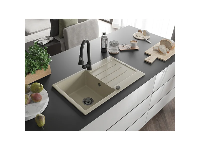 Mexen Bruno granite sink 1-bowl with drainer and Elia kitchen tap, beige - 6513-69-670101-70