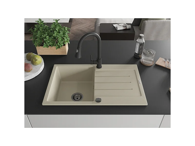 Mexen Bruno granite sink 1-bowl with drainer and Elia kitchen tap, beige - 6513-69-670101-70