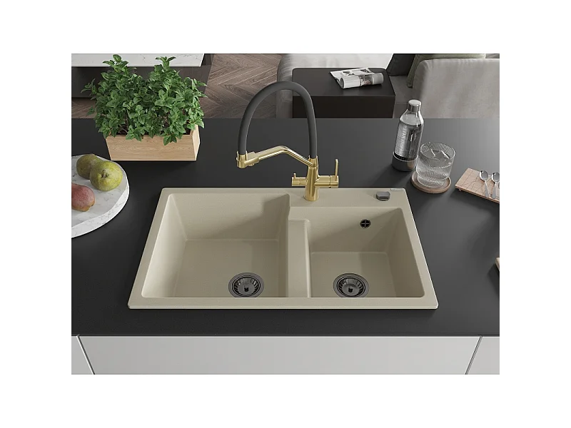 Mexen Tomas fregadero de granito 2 compartimentos con grifo de cocina Duo, beige - 6516-69-671701-57-B