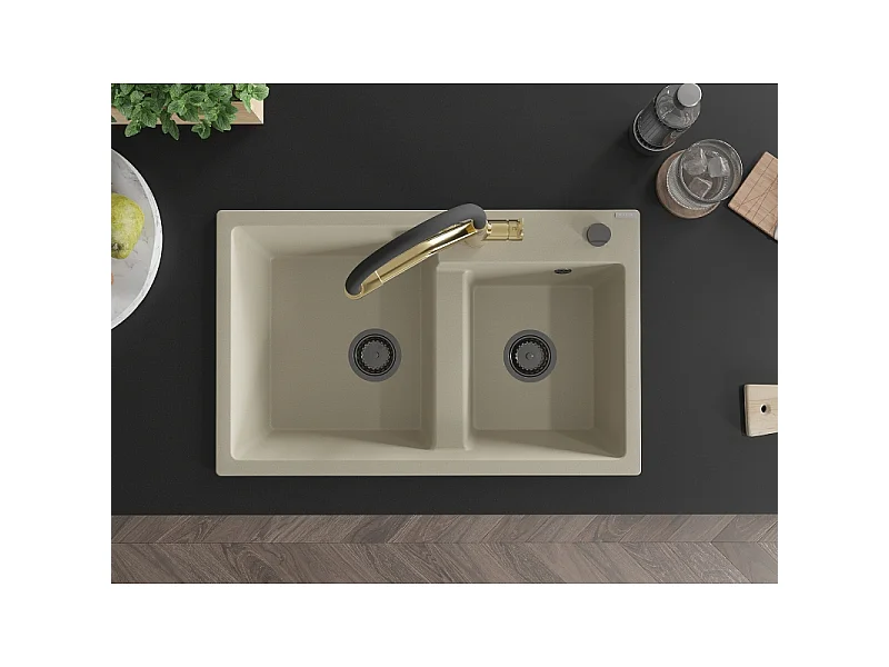 Mexen Tomas fregadero de granito 2 compartimentos con grifo de cocina Duo, beige - 6516-69-671701-57-B