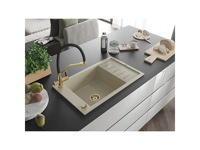 Mexen Elias fregadero de granito de 1 cubeta con escurridor y grifo de cocina Duo, beige - 6511-69-671701-57-G