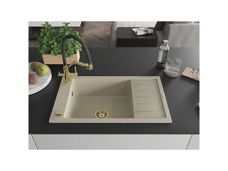 Mexen Elias fregadero de granito de 1 cubeta con escurridor y grifo de cocina Duo, beige - 6511-69-671701-57-G