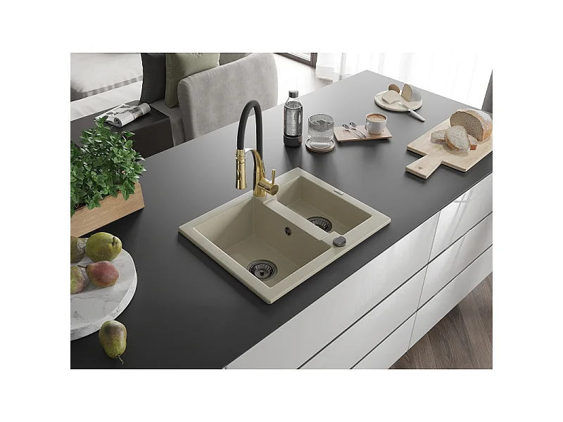Mexen Carlos évier en granit 1,5 bac avec robinet de cuisine Aster, beige - 6518-69-73450-57-B