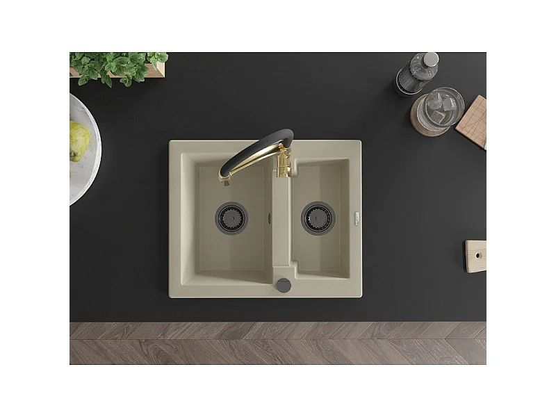 Mexen Carlos évier en granit 1,5 bac avec robinet de cuisine Aster, beige - 6518-69-73450-57-B