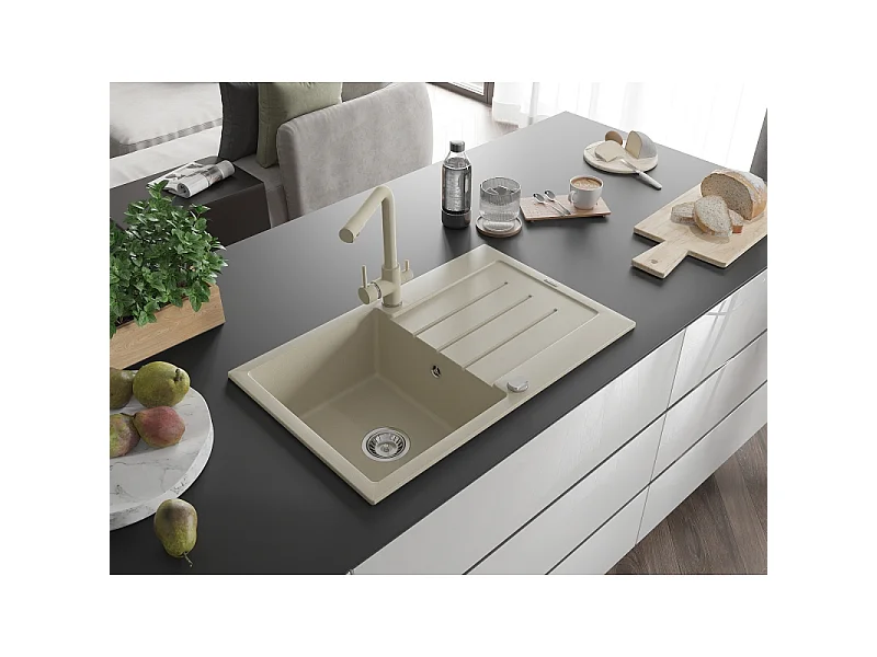 Mexen Bruno évier en granit à 1 bac avec égouttoir et robinet de cuisine Duero, beige - 6513-69-671600-69