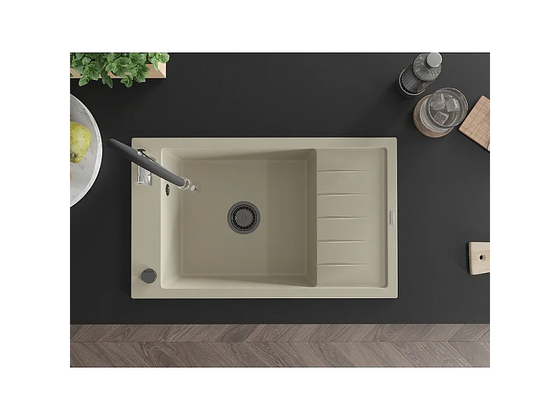 Mexen Elias fregadero de granito de 1 cámara con escurridor y grifo de cocina Aster, beige - 6511-69-73450-07-B
