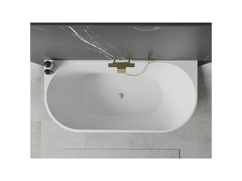 Mexen Oval freistehende an der Wand montierte Badewanne 160 x 80 cm, weiß/schwarz, Überlauf gebürstetes Gold - 52671608075-55