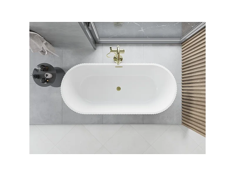 Mexen Yara vrijstaande geribbelde badkuip 170 x 75 cm, wit, overloop geborsteld goud - 52861707500-55