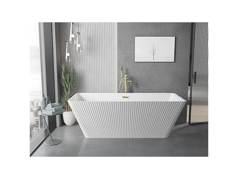 Mexen Tava vrijstaande geribbelde badkuip 170 x 75 cm, wit, gouden overloop - 52851707500-50