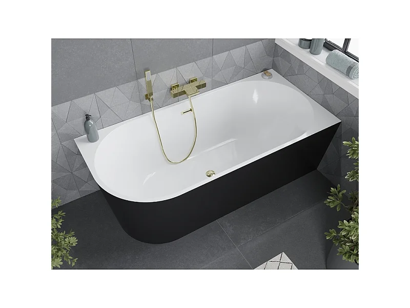 Mexen Mia baignoire autoportante d'angle droite 160 x 80 cm, blanche/noire, trop-plein doré - 52691608075P-50