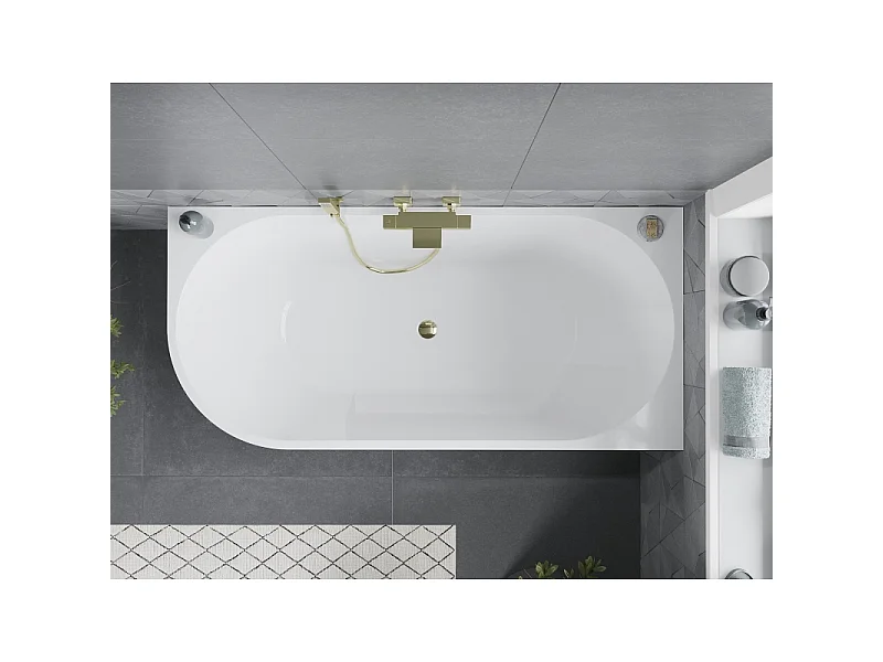 Mexen Mia baignoire autoportante d'angle droite 160 x 80 cm, blanche/noire, trop-plein doré - 52691608075P-50