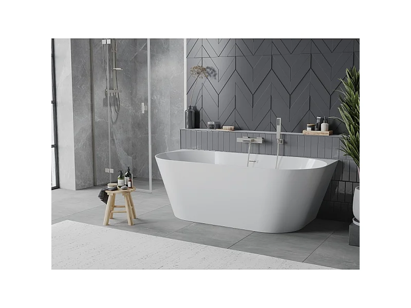 Mexen Oval Slim freestanding back-to-wall bathtub 170 x 80 cm, white, brushed nickel overflow - 52661708000-97