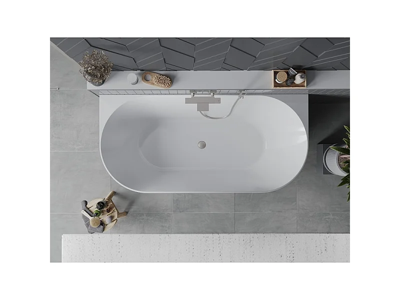 Mexen Oval Slim freestanding back-to-wall bathtub 170 x 80 cm, white, brushed nickel overflow - 52661708000-97