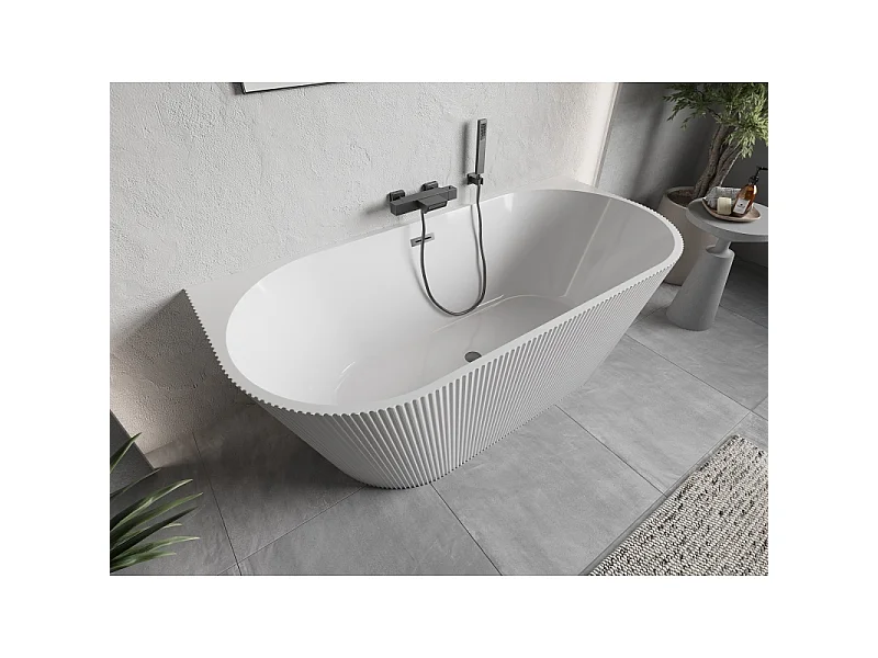 Mexen Oris vrijstaande wandbadkuip geribbeld 170 x 80 cm, wit, overloop gun gray geborsteld - 52871708000-66