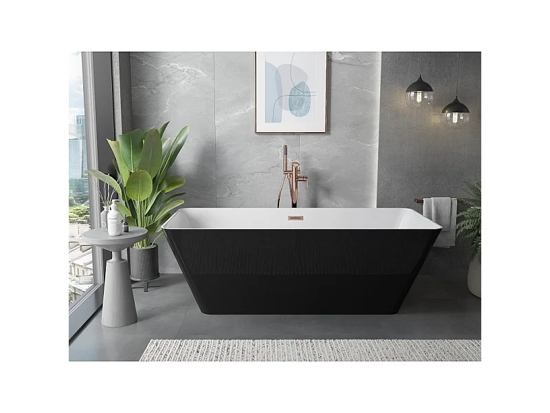 Mexen Velo Slim fritstående badekar 170 x 75 cm, hvid/sort, børstet kobberoverløb - 52811707575-65