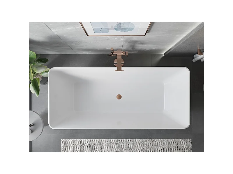 Mexen Velo Slim fritstående badekar 170 x 75 cm, hvid/sort, børstet kobberoverløb - 52811707575-65