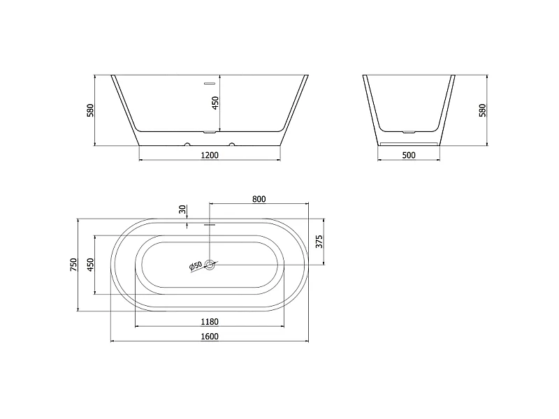 Mexen Luna freestanding bath 160 x 75 cm, white, chrome overflow - 52031607500-01