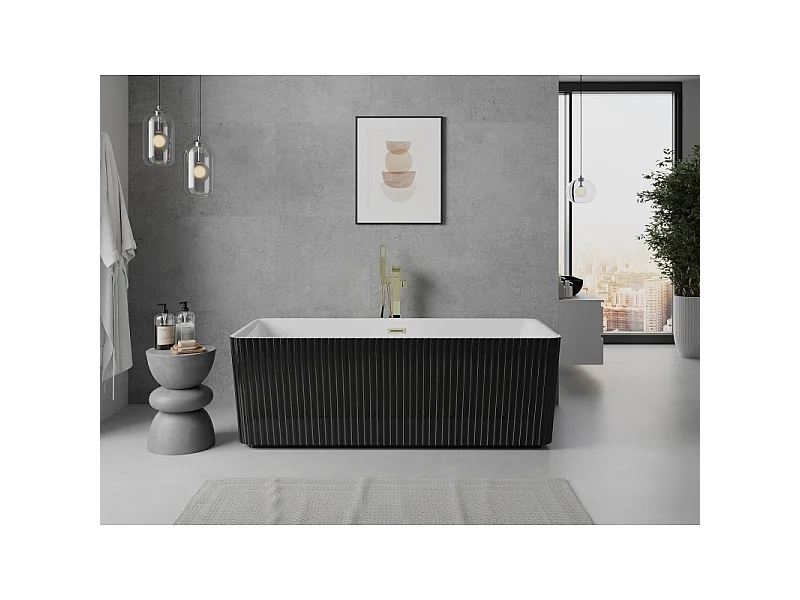 Mexen Nila vrijstaande geribbelde badkuip 170 x 75 cm, wit/zwart, gouden geborstelde overloop - 52841708075-55