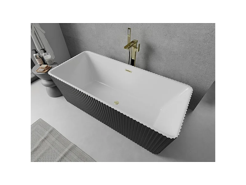 Mexen Nila vrijstaande geribbelde badkuip 170 x 75 cm, wit/zwart, gouden geborstelde overloop - 52841708075-55