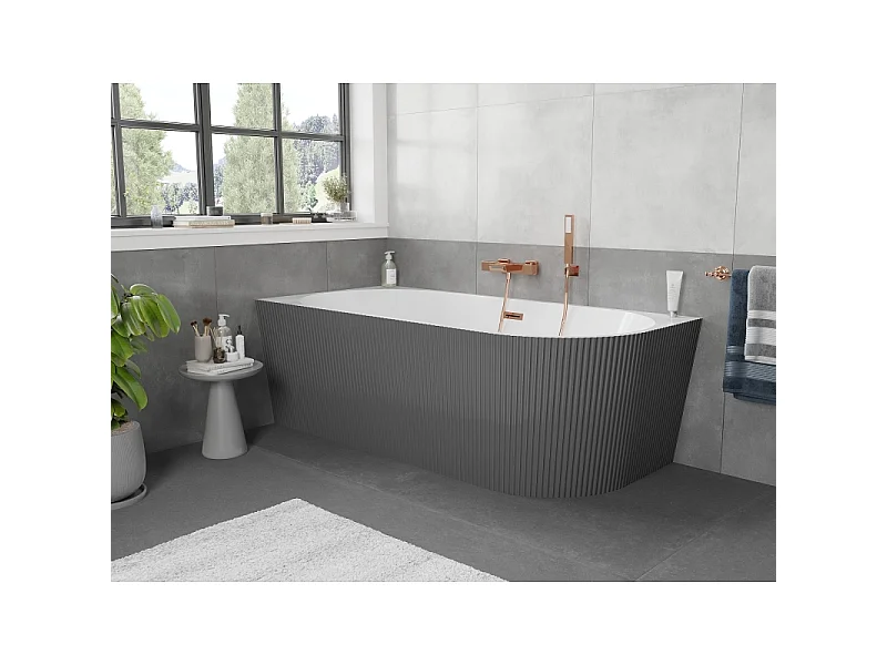 Mexen Silo freestanding corner left ribbed bathtub 150 x 75 cm, white/gray, overflow rose gold - 52891507562L-60