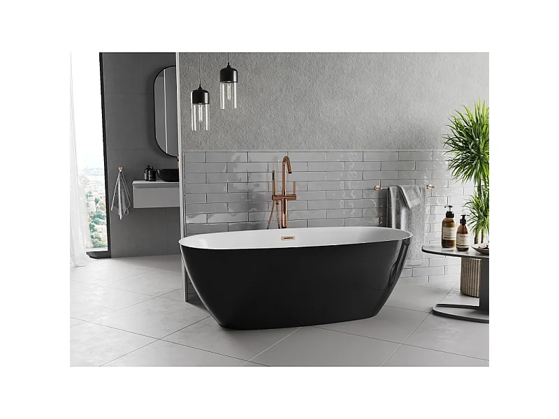 Mexen Luvo Slim freistehende Badewanne 170 x 75 cm, weiß/schwarz, Überlauf aus gebürstetem Kupfer - 52801707575-65