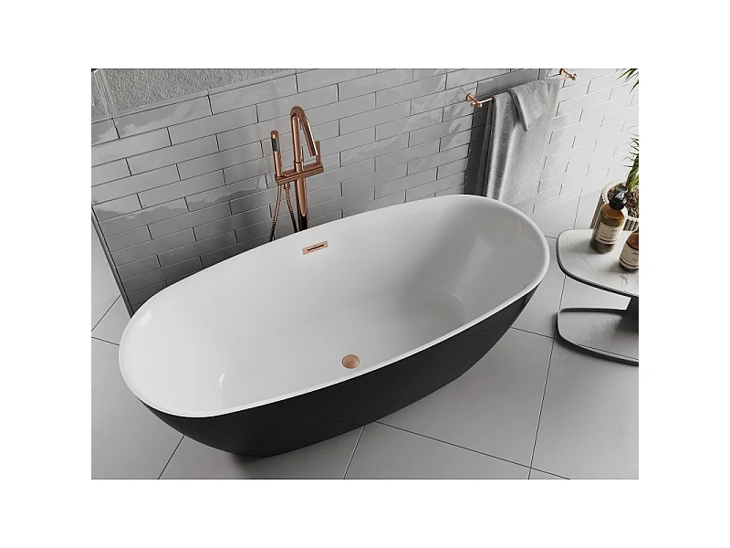 Mexen Luvo Slim freistehende Badewanne 170 x 75 cm, weiß/schwarz, Überlauf aus gebürstetem Kupfer - 52801707575-65
