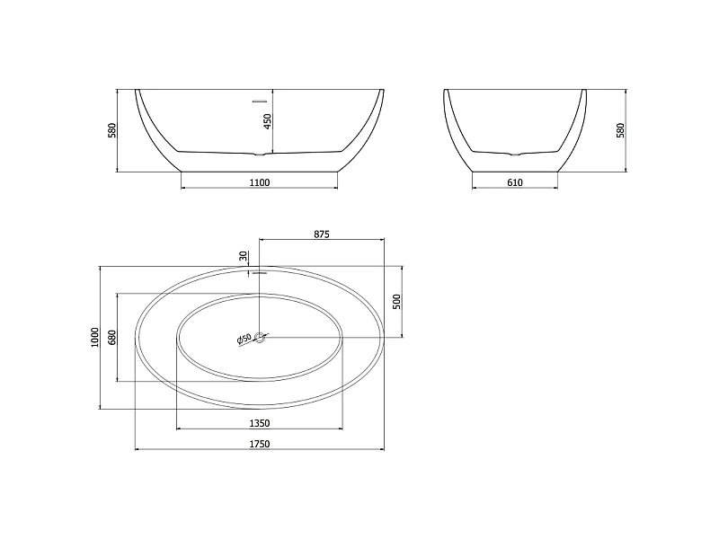 Mexen Nike vrijstaande badkuip 175 x 100 cm, wit, overloop geborsteld nikkel - 54071751000-97
