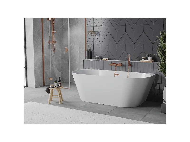 Mexen Oval Slim vrijstaande aan de muur bevestigde badkuip 170 x 80 cm, wit, overloop roségoud - 52661708000-60