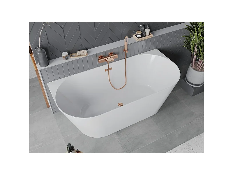 Mexen Oval Slim vrijstaande aan de muur bevestigde badkuip 170 x 80 cm, wit, overloop roségoud - 52661708000-60