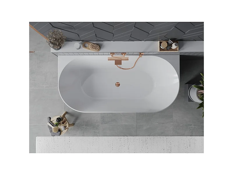Mexen Oval Slim vrijstaande aan de muur bevestigde badkuip 170 x 80 cm, wit, overloop roségoud - 52661708000-60