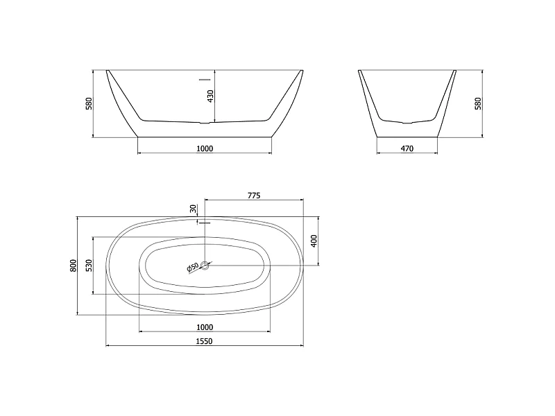 Mexen Eris freestanding bathtub 155 x 80 cm, white, brushed gun gray overflow - 53441558000-66