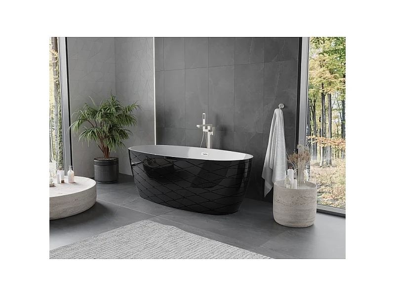 Mexen Olea vrijstaande badkuip met patroon 170 x 80 cm, wit/zwart, overloop geborsteld nikkel - 52821708075-97