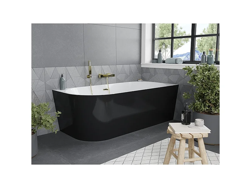 Mexen Mia baignoire autoportante d'angle droite 160 x 75 cm, blanche/noire, trop-plein doré - 52691607575P-50