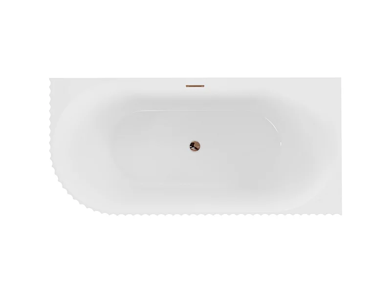 Mexen Gia banheira independente de canto direita ranhurada 150 x 75 cm, branco brilhante, transbordamento ouro rosa