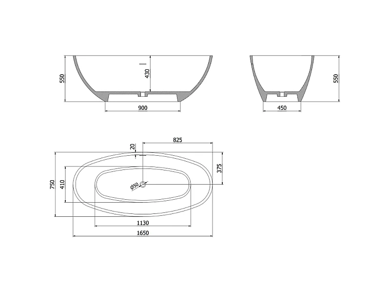 Mexen Bari baignoire autoportante en conglomérat 165 x 75 cm, noir mat - 57221657570