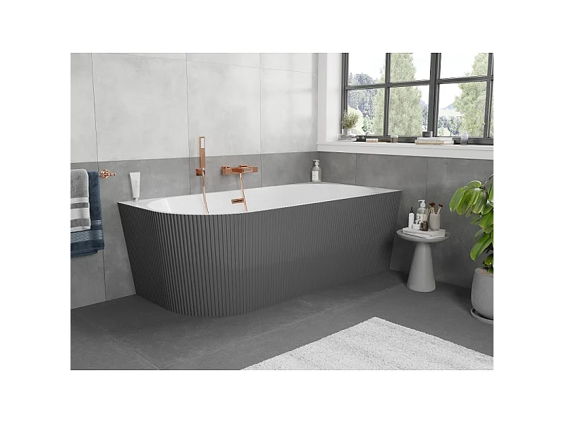 Mexen Silo freestanding corner right ribbed bathtub 150 x 75 cm, white/gray, pink gold overflow - 52891507562P-60